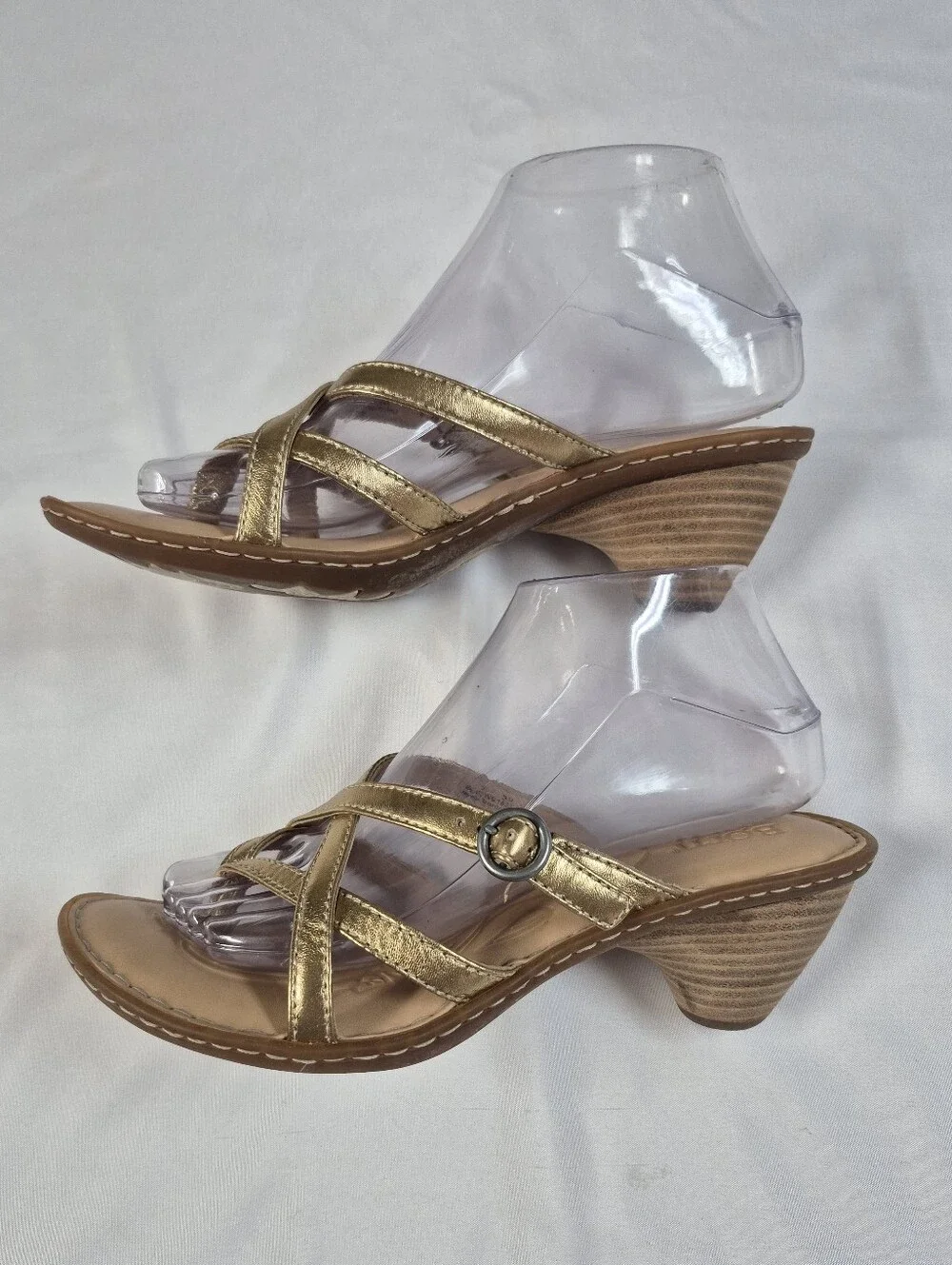 Born Women Gold Leather Strappy Crisscross Wedge Sandals Metallic Heel Sz 8